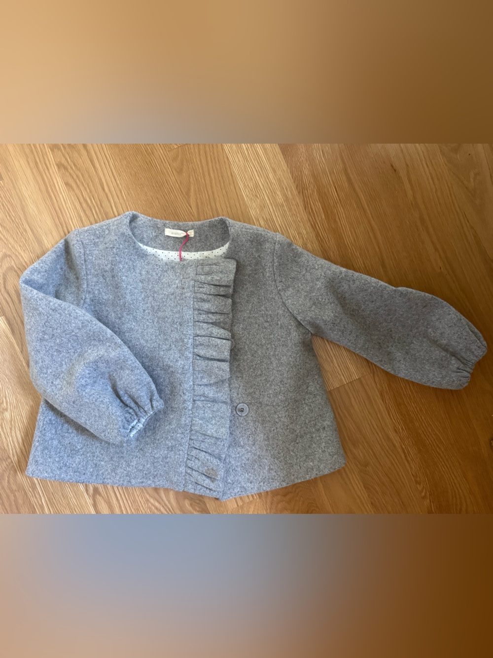 Anais Gray Ruffle Front Kids Jacket. Amazing fabric!!!